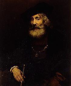 Bildnis eines alten Mannes mit Stock und Hut.
