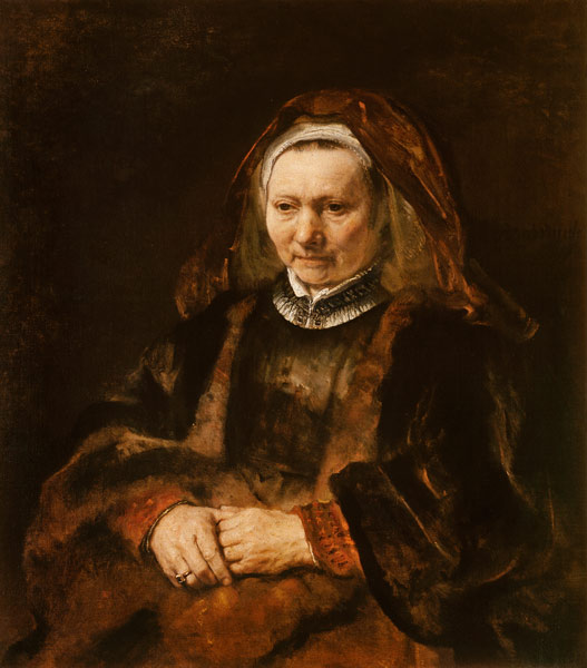 Bildnis einer alten Frau mit zusammengelegten Händen van Rembrandt (Werkstatt)