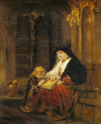Die Prophetin Hannah im Tempel, Samuels Gebet abhörend. van Rembrandt (Werkstatt)
