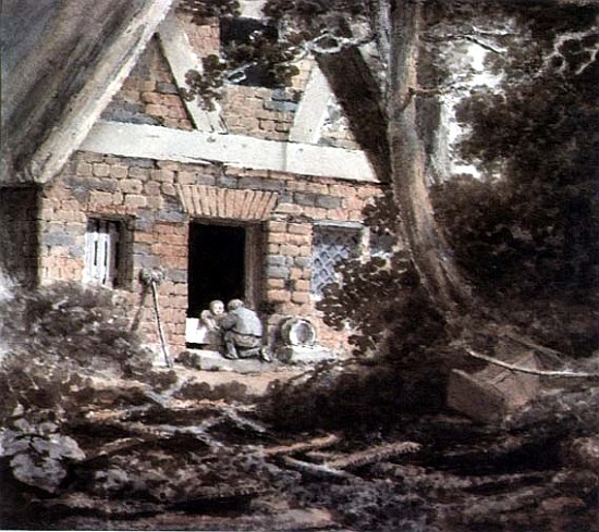 Scene at a Cottage Door (watercolour) van Rev. William Bree