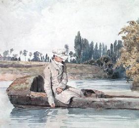 A Man Fishing from a Boat on a River