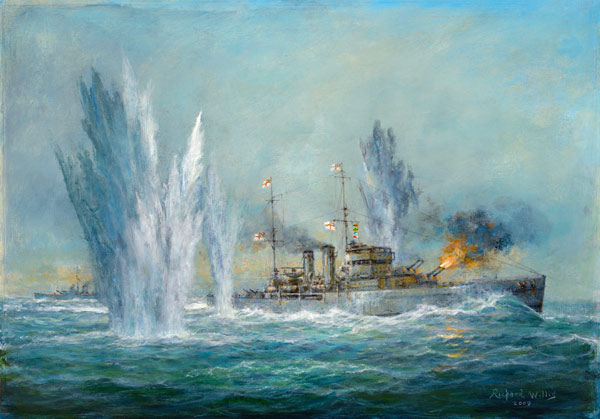 HMS Exeter engaging in the Graf Spree at the Battle of the River Plate van Richard  Willis