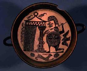 Laconian black-figure cup depicting a warrior attacking a snake, 6th century BC (pottery)