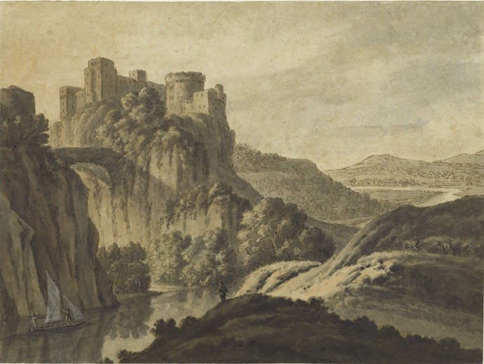 A River Landscape With a Castle On An Escarpment van Robert Adam