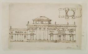 Sketched design for a domed building (pen & ink)