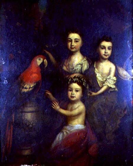 Portrait of Three Children with a Macaw van Robert Byng or Bing