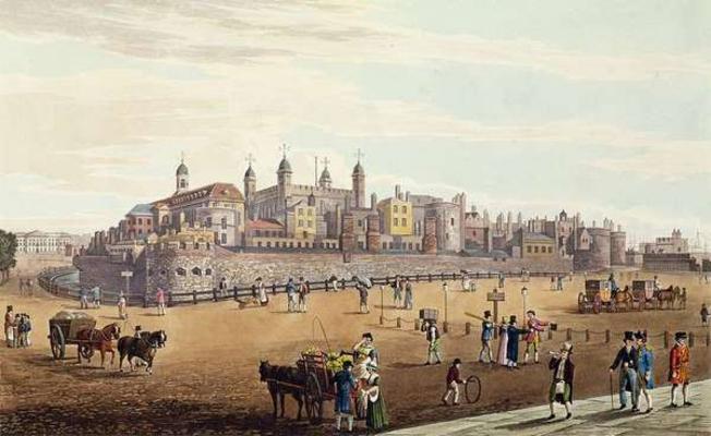 View of the Tower of London and the Mint, pub. by Colnaghi & Co, 1821 (coloured aquaint) van Robert the Elder Havell