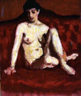 Seated Nude on a Red Sofa (oil on canvas) 