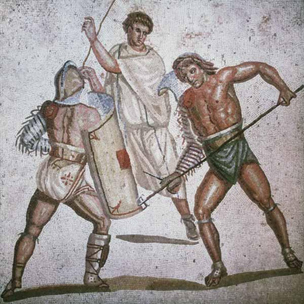 Zwei kämpfende Gladiatoren und ein Schiedsrichter Mosaik