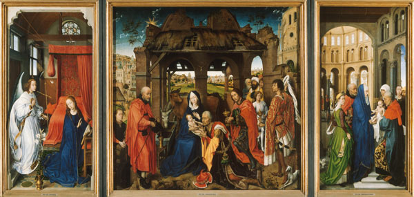 Driekoningen/Columba-altaar. Rond 1455. Maria Boodschap/Verering van de Wijzen. van Rogier van der Weyden