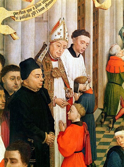 The Seven Sacraments Altarpiece, detail of Jean Chevrot (1400-60) Bishop of Tournai confirming a boy van Rogier van der Weyden