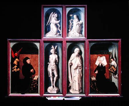 The Last Judgement when closed, depicting the donors Chancellor Nicholas Rolin and his Wife, Guigone van Rogier van der Weyden