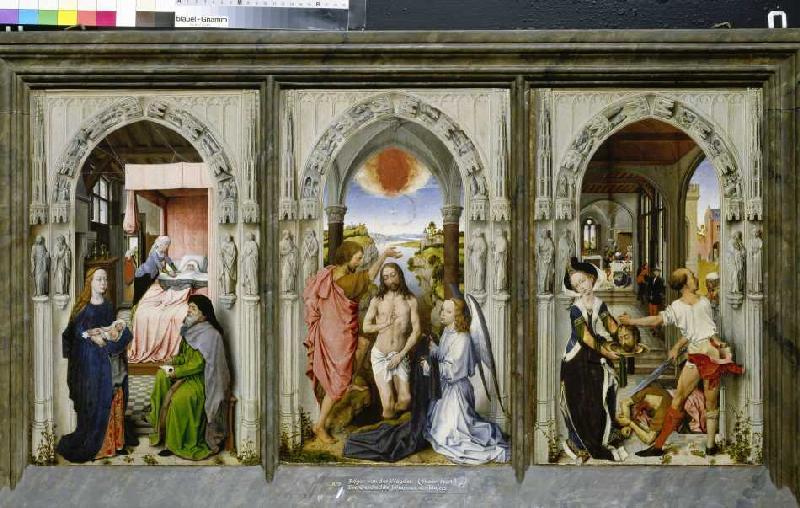 Dreiteiliger Altar mit Szenen aus der Geschichte Johannes d.Täufers. van Rogier van der Weyden (Nachfolger)