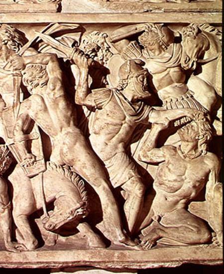 Detail of a sarcophagus depicting a battle between Romans and Galatians van Roman