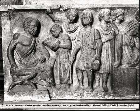 Relief depicting a boy reading to his teacher, detail from the Sarcophagus of the Conclamation van Roman
