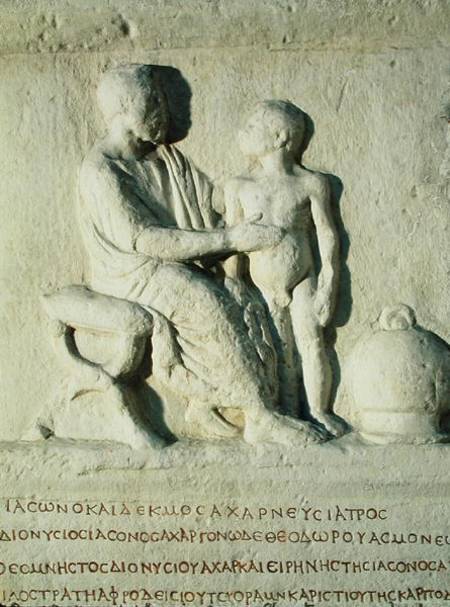 Relief depicting a visit to the doctor  with Greek inscription van Roman