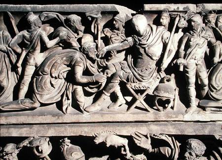 Relief from a sarcophagus depicting the submission of a barbarian to a Roman general van Roman