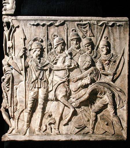 Relief from a sarcophagus depicting the submission of a barbarian to a Roman troop van Roman