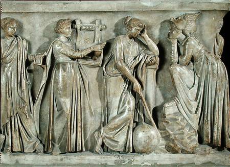 Sarcophagus of the Muses, detail depicting Terpsichore, Urania and Melpomene van Roman