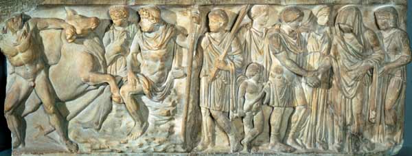 Sarcophagus depicting Jason and the fire breathing bull at Colchis van Roman