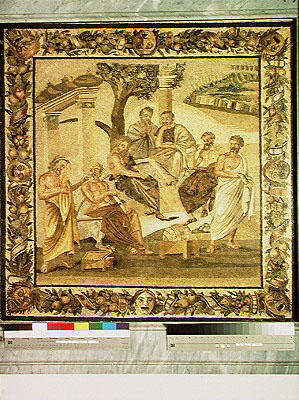 Plato conversing with his pupils, from the House of T. Siminius. Pompeii (mosaic) (see also 103401) van Roman 1st century BC