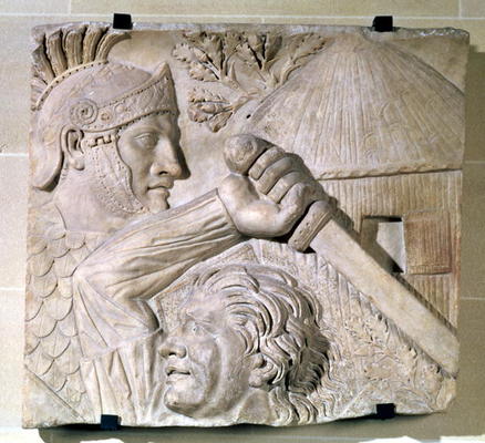 Relief depicting a Barbarian fighting a Roman legionary (stone) van Roman 2nd century AD