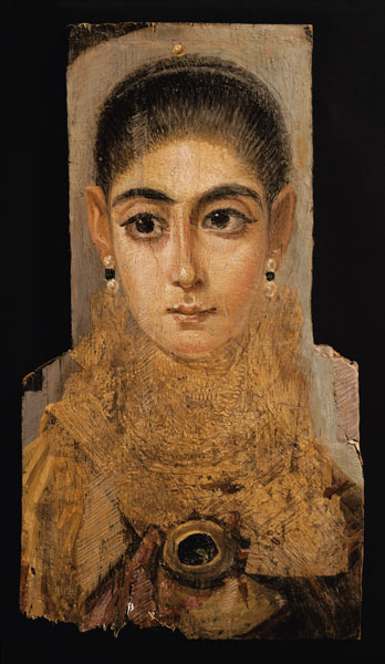 Portrait of a woman wearing a gold pectoral, tomb decoration, from Fayum, 120-130 AD (encaustic wax van Roman Period Egyptian