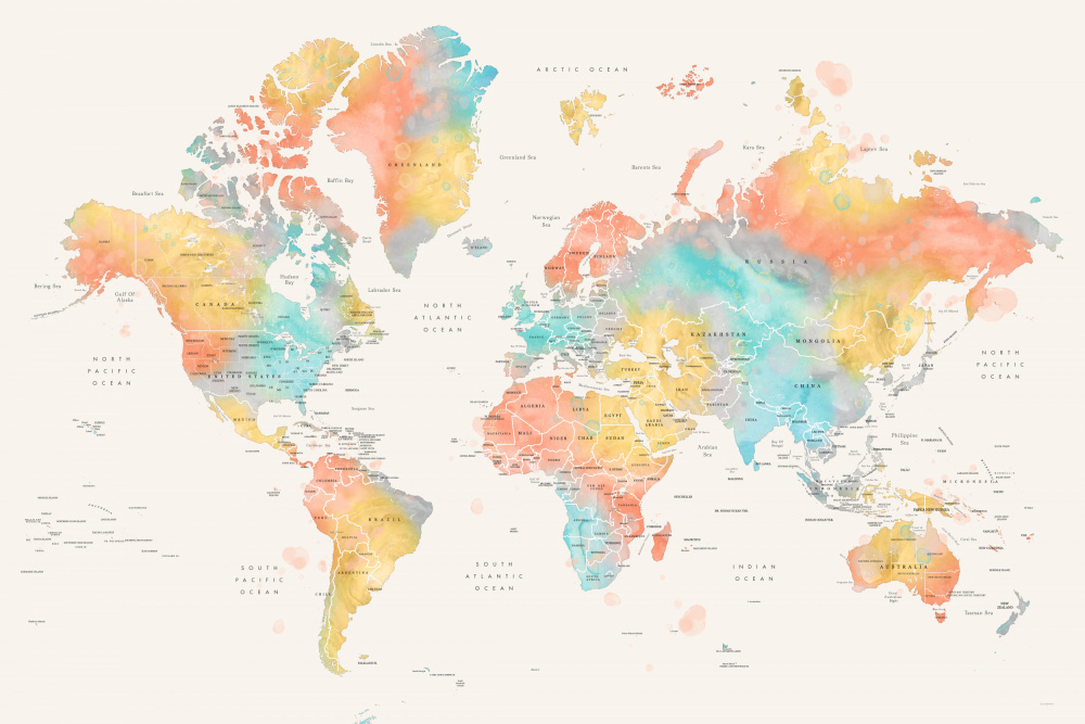 Watercolor world map with countries, Fifi van Rosana Laiz Blursbyai