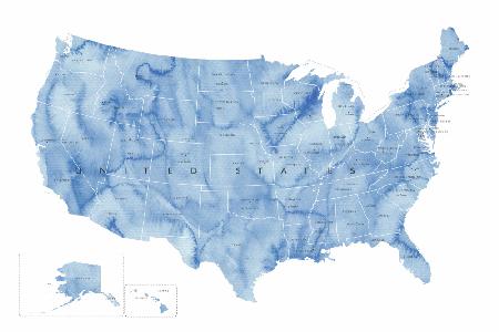 Blue watercolor map of the USA with states and state capitals