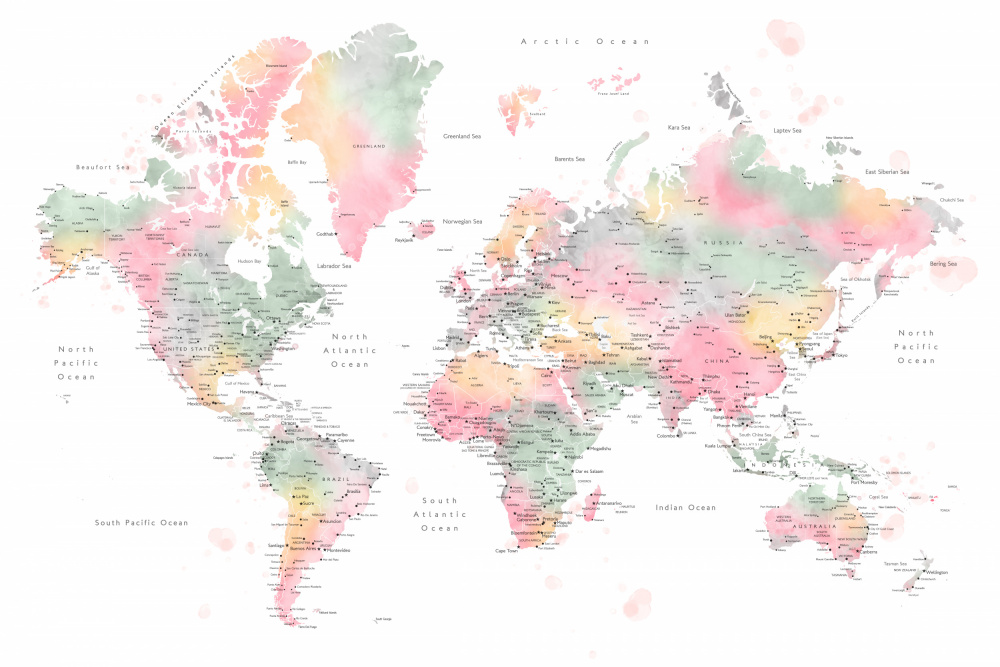 Pastel watercolor world map with cities, Anjah van Rosana Laiz Blursbyai