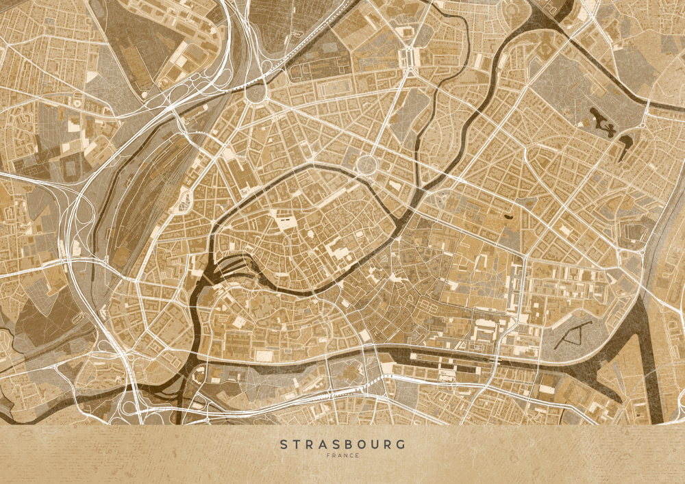 Sepia vintage map of Strasbourg downtown France van Rosana Laiz Blursbyai