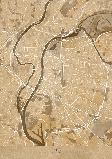 Sepia vintage map of Lyon France