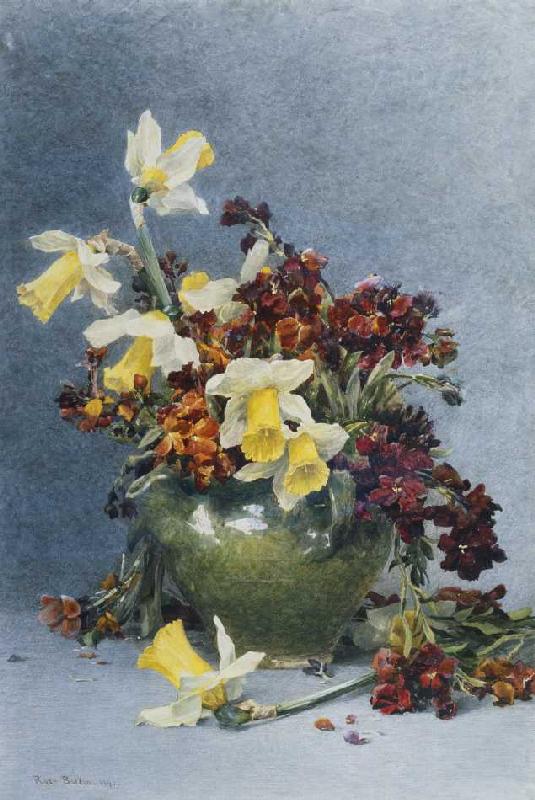 Osterglocken und Mauerblümchen in einer grünen Vase van Rose Maynard Barton