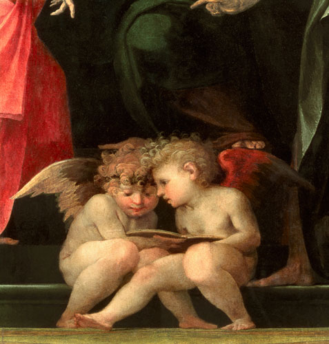 Two cherubs reading, detail from Madonna and Child with Saints van Rosso Fiorentino