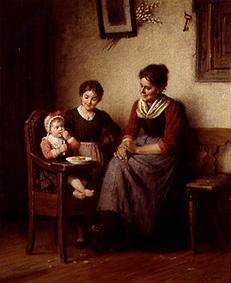 Mutter mit zwei Kindern in der Bauernstube van Rudolf Epp