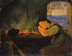 Girl Sleeping by the Fire