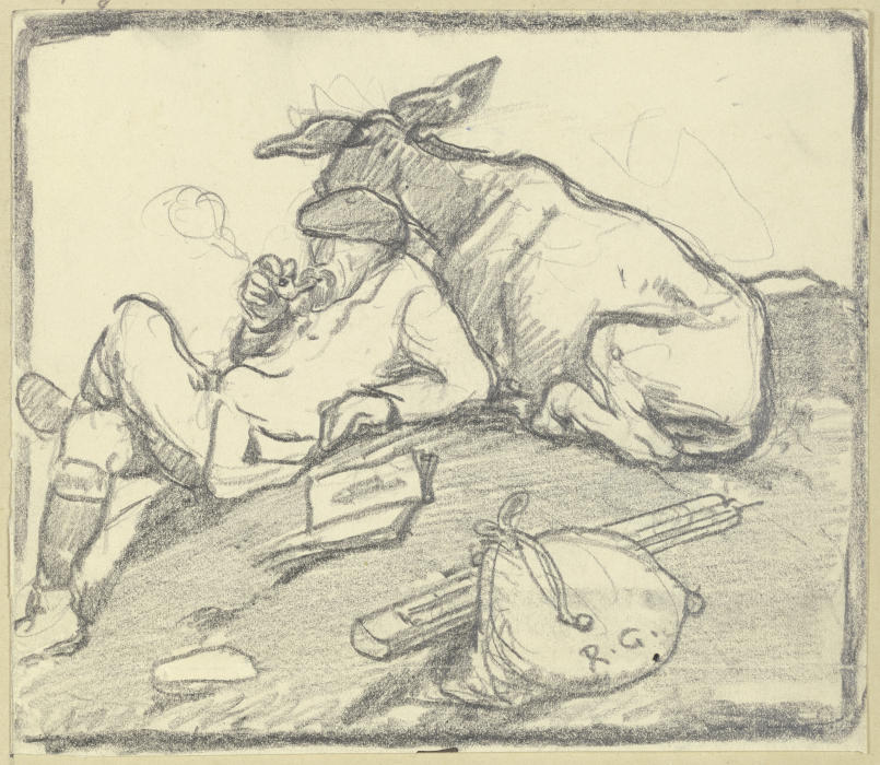 Ein Pfeife rauchender Mann auf einem Hügel rastend, angelehnt an einen Esel van Rudolf Gudden