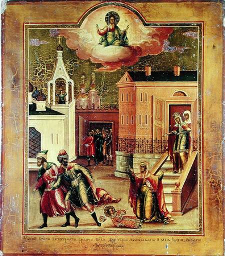Icon depicting the Assasination of Dmitri Ivanovich (1583-91) in Ouglicht van Russian School