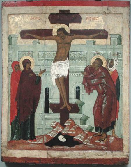 Icon depicting the Crucifixion with the Virgin, Mary Magdalene, St. John and the Centurion Longinus, van Russian School