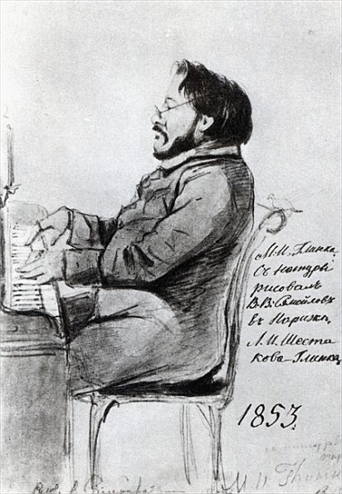 Mikhail Glinka, 1853 (pen & ink with wash on paper) van Russian School