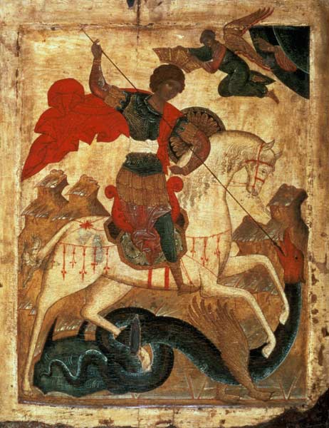 St. George and the Dragon (tempera on fabric, gesso, and van Russian School