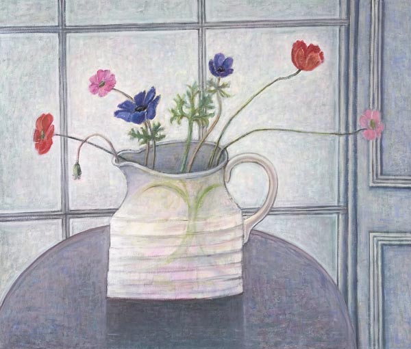 Anemones and Poppies, 2008 (oil on canvas) jug; flowers; still life; inetrior; window; table; white  van Ruth  Addinall