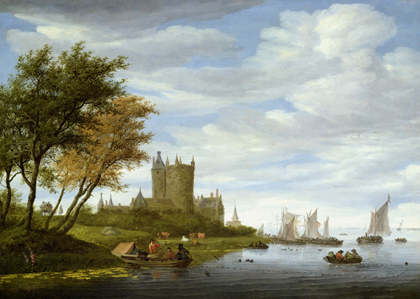 River Estuary with a castle van Salomon van Ruisdael or Ruysdael
