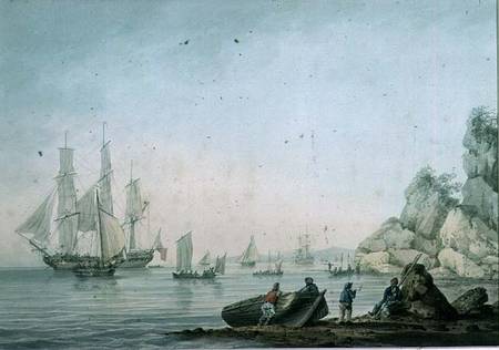 Marine View, with boat and figures on a shore van Samuel Atkins