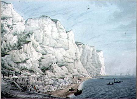 Study of Cliffs: Sailing Vessels in the Offing and Small Boats with Figures near Shore van Samuel Atkins