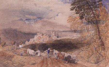 Hilly Landscape with Farmers Ploughing van Samuel Palmer
