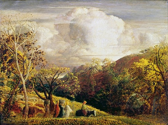 Landscape, figures and cattle (w/c and bodycolour on paper) van Samuel Palmer