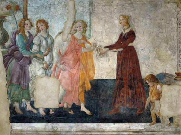 Venus und die drei Grazien übergeben einer jungen Frau Geschenke van Sandro Botticelli
