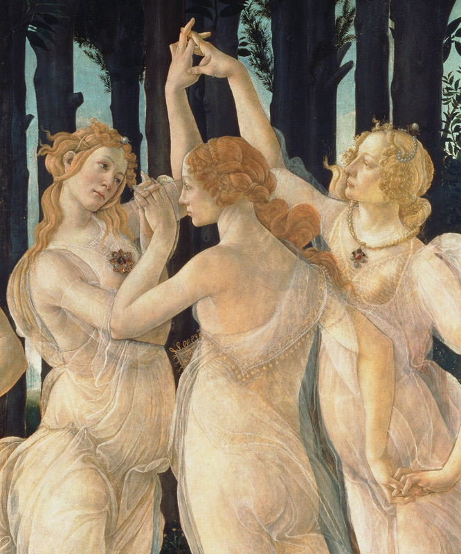 Primavera (Allegory of Spring). Detail: The Three Graces, right - Portrait of Caterina Sforza van Sandro Botticelli