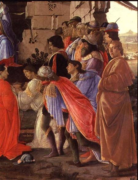 The Adoration of the Magi, detail of depicting self portrait and those of the Medici family van Sandro Botticelli
